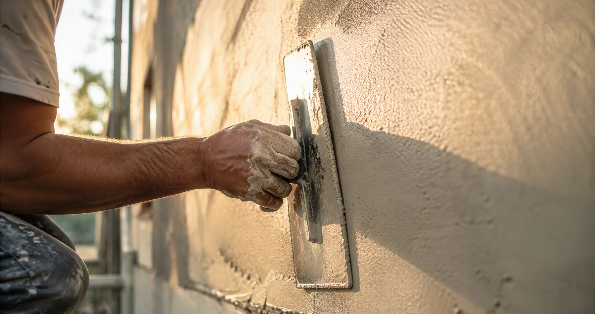 Plasterer at work on a stucco wall